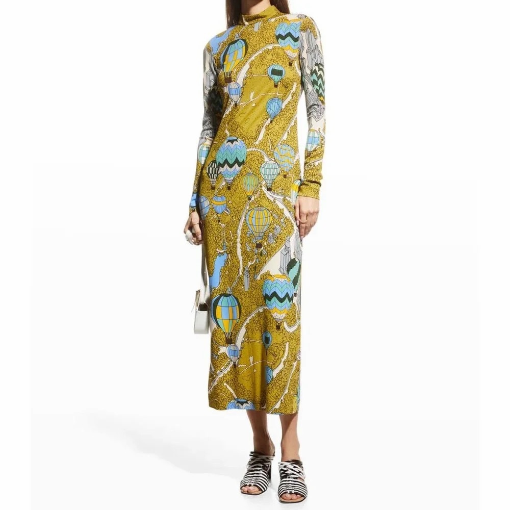 Tory Burch Balloons In The Sky Long Midi Dress Mock Neck Hot Air Green 4